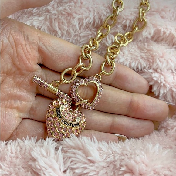 JUICY COUTURE PINK HEART PAVE Chain Link Necklace Pinkish-Gold 💞💎🎅🎀✨ - Picture 5 of 7